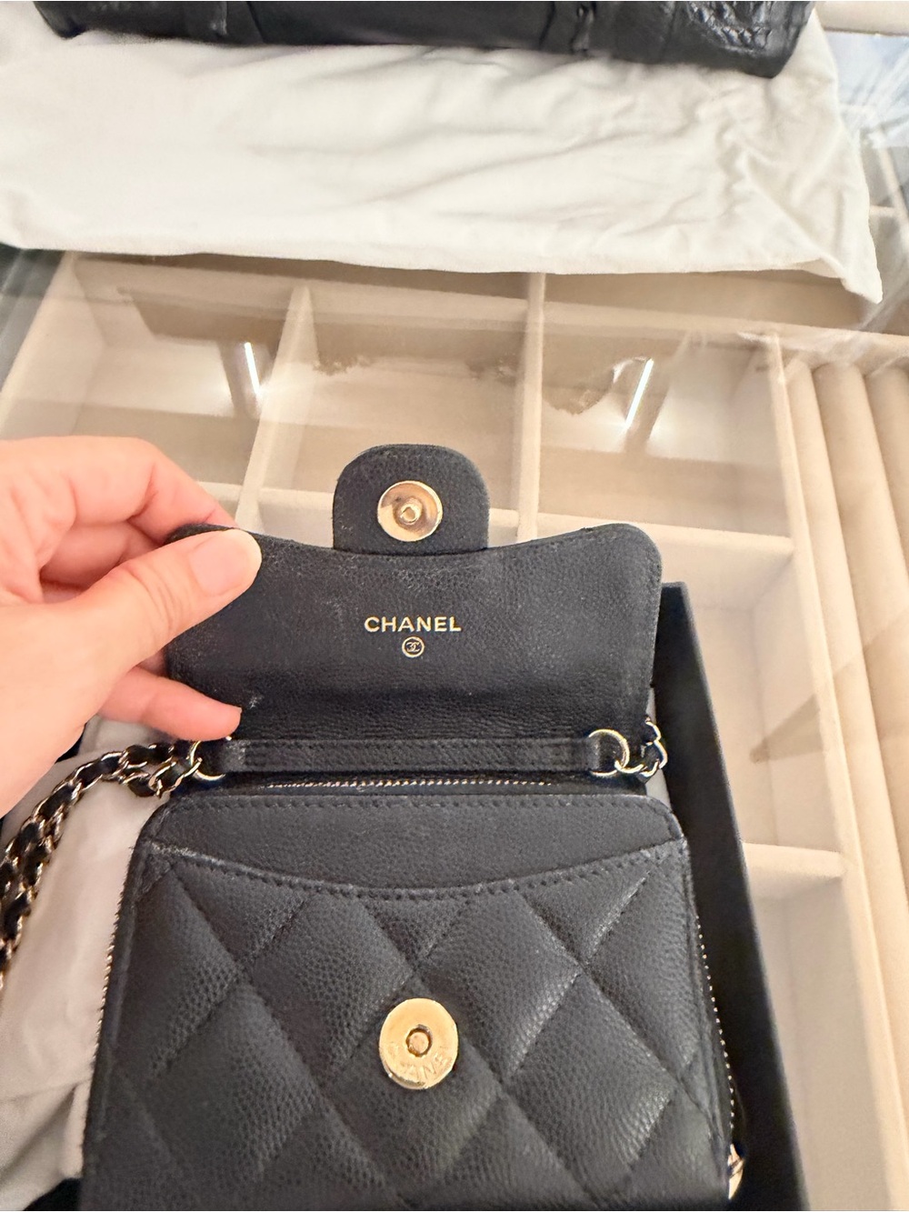 Authentic Chanel Black Quilted Caviar Leather Mini wallet on chain strap. w box! - Picture 3 of 6